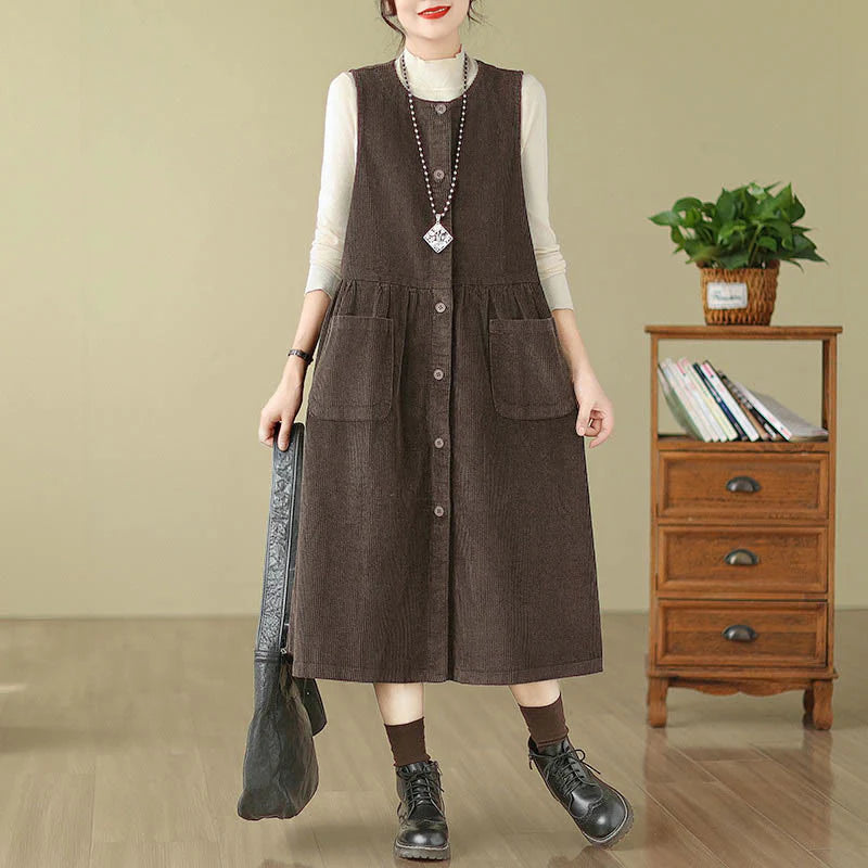 Buddha Stones Fall Retro Buttons Design Corduroy Sleeveless Midi Dress With Pockets