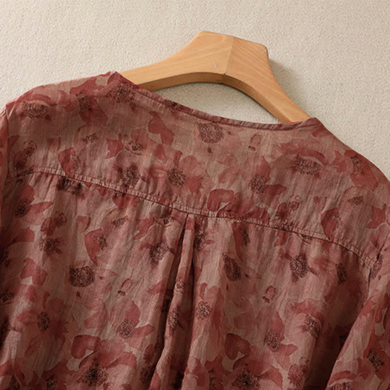 Buddha Stones Commute Floral Crew Neck Pleated Design Puff Short Sleeve Women's T-Shirt