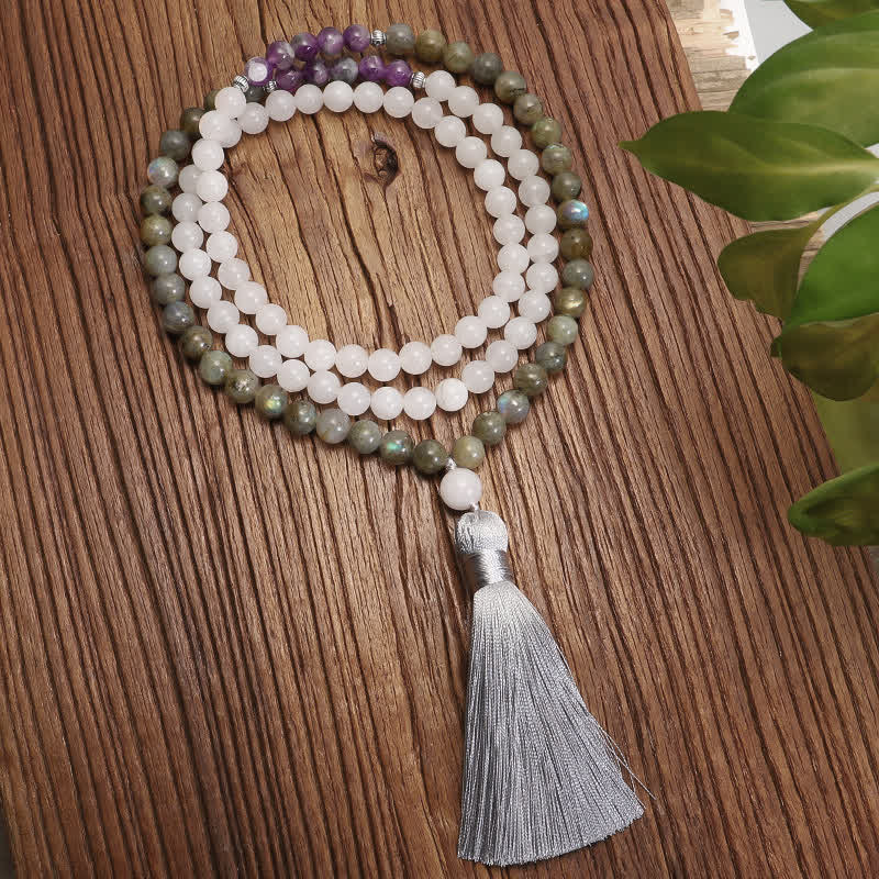Buddha Stones 108 Mala Beads White Agate Amethyst Black Glitter Stone Protection Bracelet (Extra 35% Off | USE CODE: FS35)
