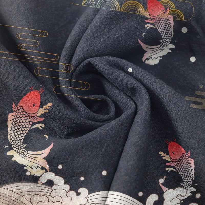 Buddha Stones Cotton Koi Fish Red Sun Cloud Emblem Men's Short Sleeve Half Button Shirt