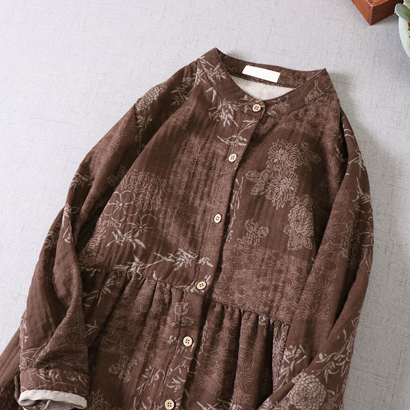 Buddha Stones Commute Bamboo Floral Pattern Long Sleeve Buttons Women's Cotton Midi Dress With Pockets
