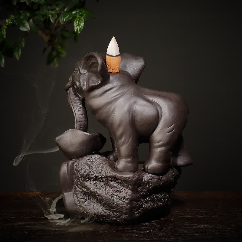 Buddha Stones Tibetan Elephant Purple Clay Backflow Smoke Fountain Peace Healing Incense Burner Decoration