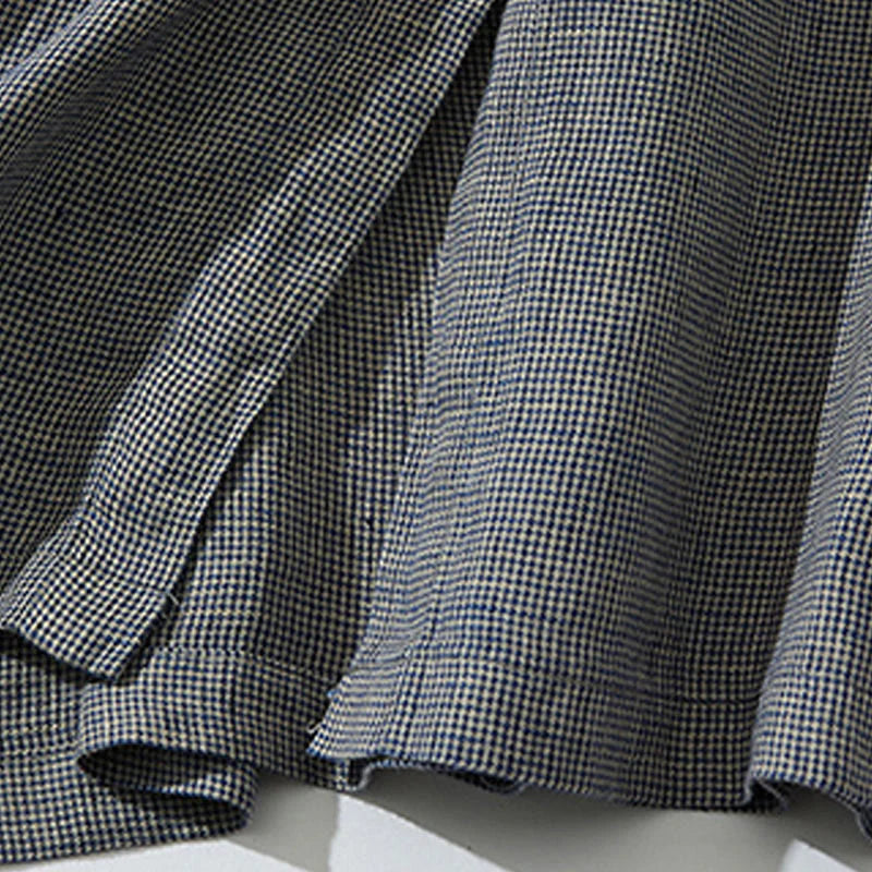 Buddha Stones Commute DimGray Plaid Lantern Long Sleeve Cotton Linen Midi Dress With Pockets