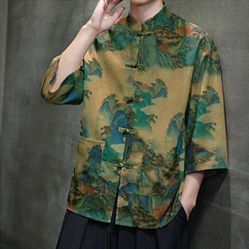 Buddha Stones Spring Frog-Button Dragon Mountain Flower Three Quarter Sleeve Tang Suit Men's Shirt With Pockets
