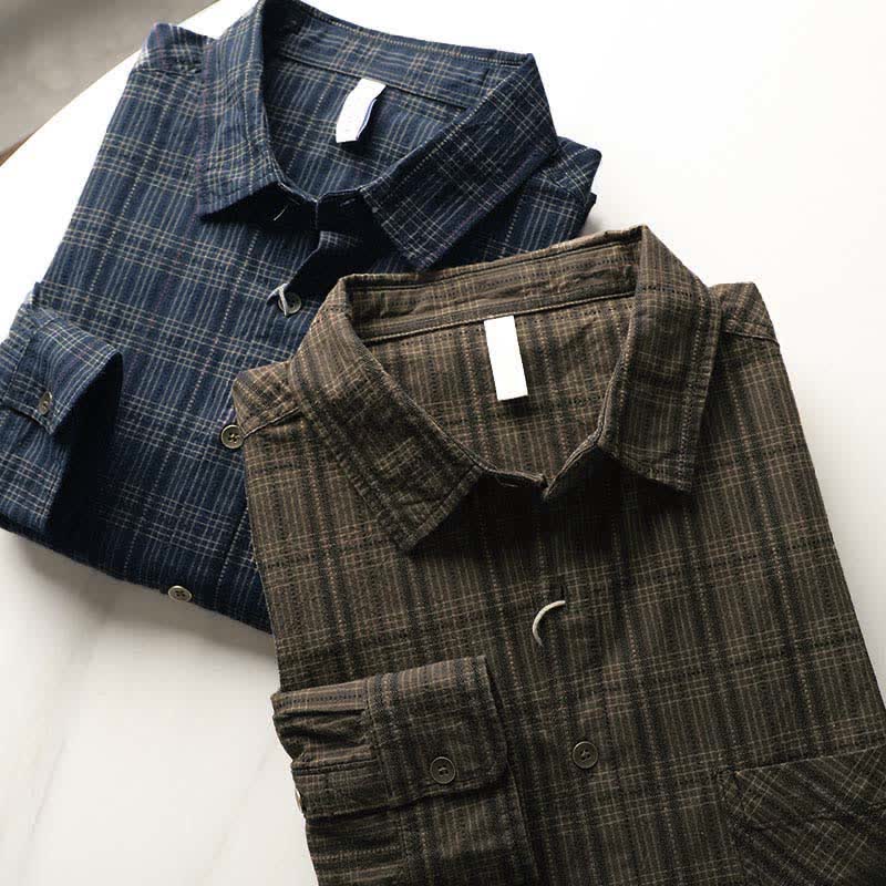 Buddha Stones Fall Commute Embroidery Plaid Pattern Men's Cotton Long Sleeve Shirts With Pocket
