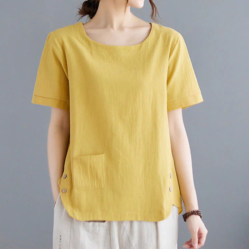 Buddha Stones Side Slit Design Women's Cotton Linen Crew Neck Short Sleeve T-Shirt Wtih Pocket