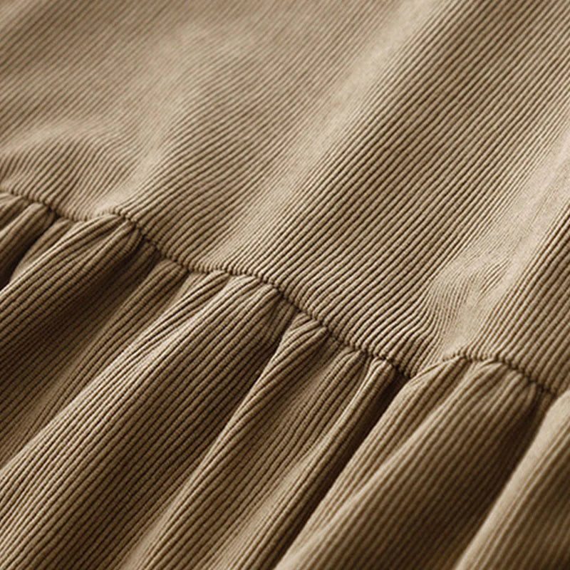 Buddha Stones Tan Solid Color Corduroy Puff Long Sleeve Midi Dress