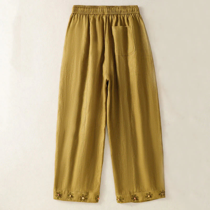 Buddha Stones Casual Embroided Bead Drawstring Women's Wide Leg Cotton Pants With Pockets