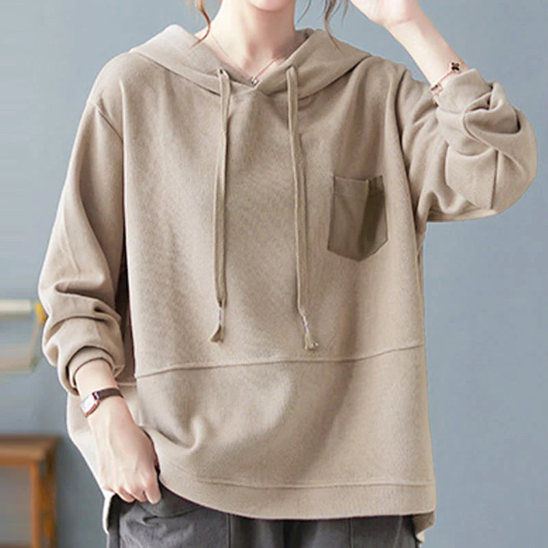 Buddha Stones Fall Solid Color Decorative Pocket Cotton Long Sleeve Women's Hoodie