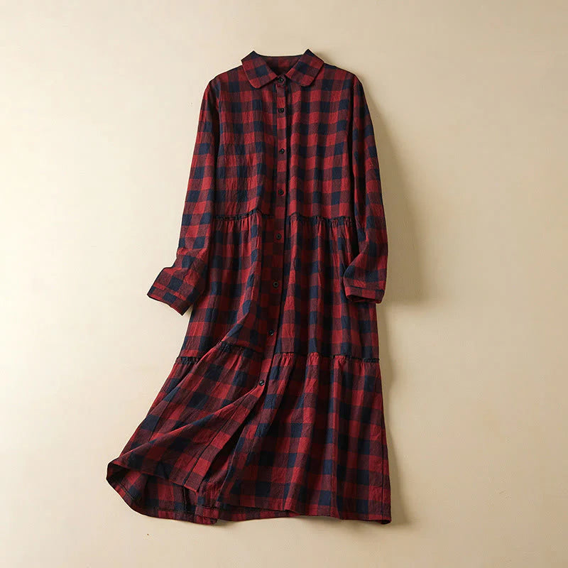 Buddha Stones Contrast Color Plaid Buttons Design Long Sleeve Midi Dress With Pockets