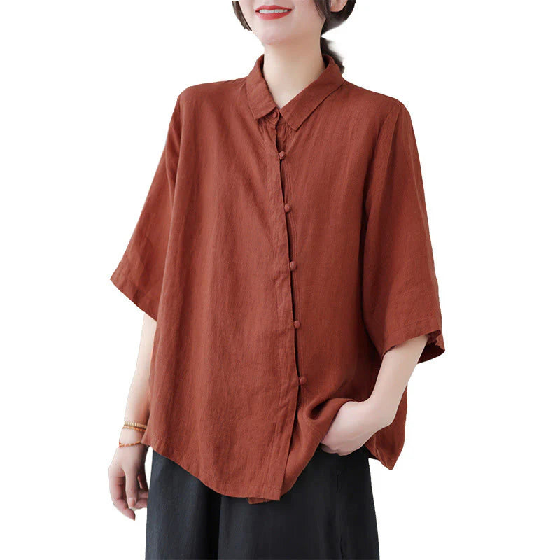 Buddha Stones Lapel Frog-Button Diagonal Placket Design Three Quarter Sleeve Women's Cotton Shirt