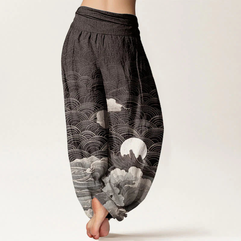 Buddha Stones Pure Cotton Casual Wave Moon Mountain Pattern Women's Elastic Waist Harem Pants