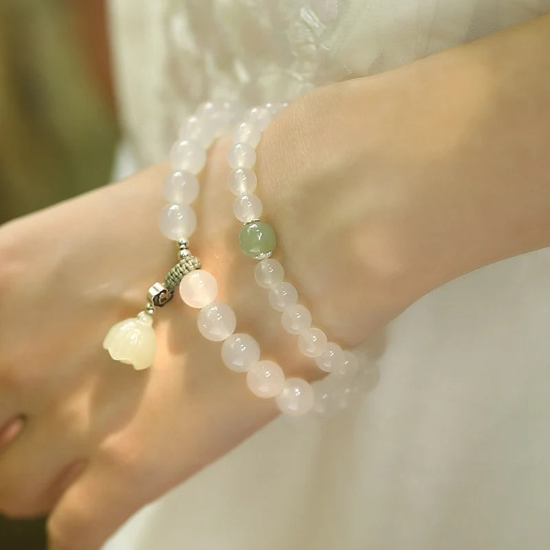 Buddha Stones White Agate Jade Lotus Protection Bracelet
