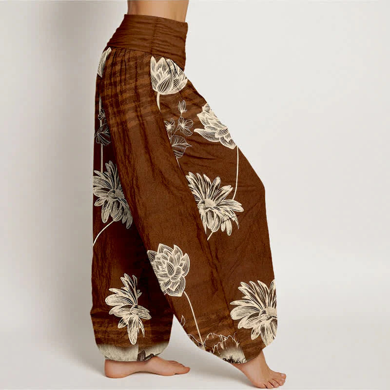 Buddha Stones Lotus High Waist Design Women's Harem Cotton Pants