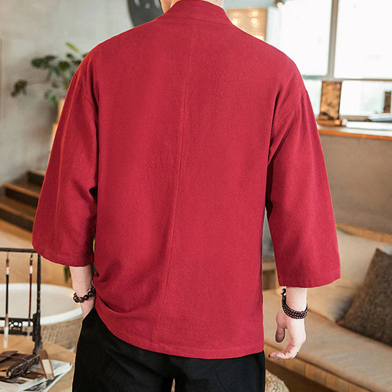 Buddha Stones Plain Chinese Frog-Button Jacket Cotton Linen Men's Three Quarter Sleeve Kimono