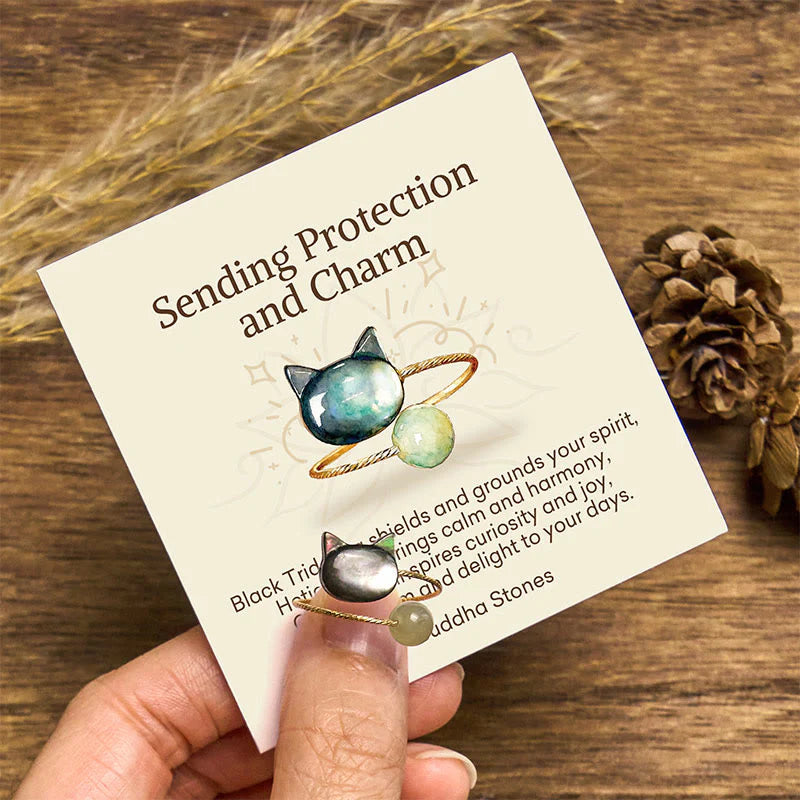 Buddha Stones Sending Protection and Charm Tridacna Stone Cat Ring Includes Gift Message Card