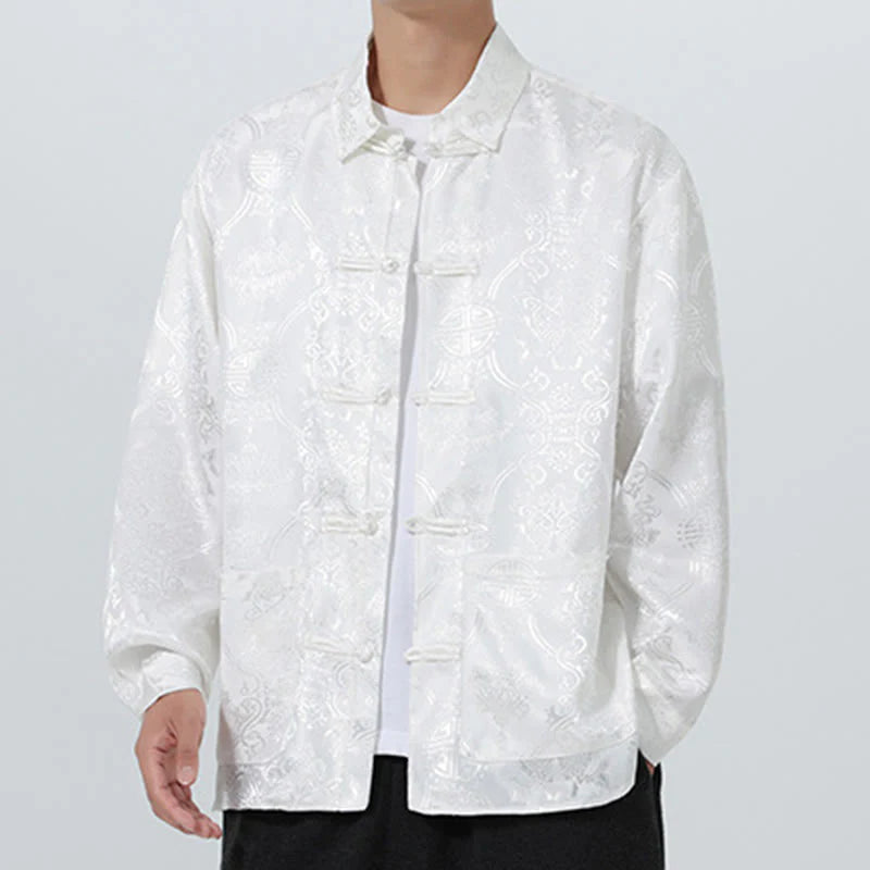 Buddha Stones Spring Jacquard Lapel Long Sleeve Men's Tang Suit Frog-Button Jacket With Pockets
