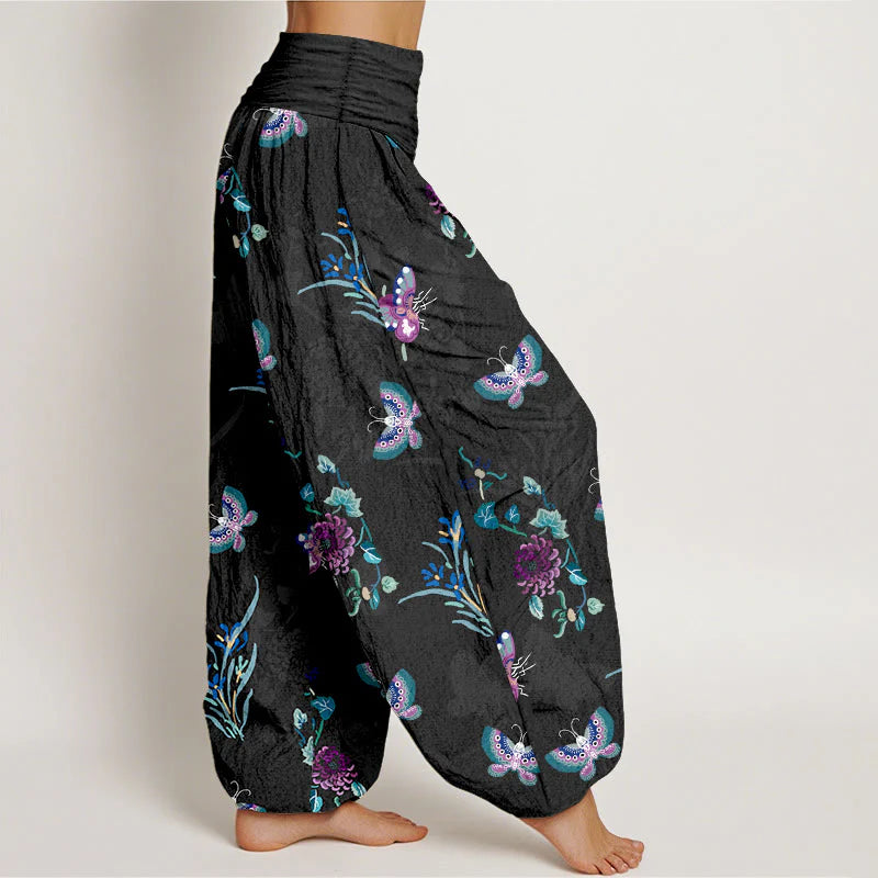 Buddha Stones Pure Cotton Fresh Elegant Butterfly Grass Flower Pattern Women's Elastic Waist Harem Pants