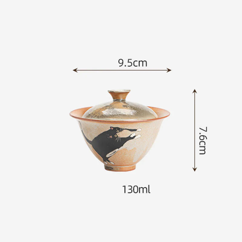 Buddha Stones Cute Cat Ceramic Gaiwan Teacup Kung Fu Tea Cup With Lid 130ml