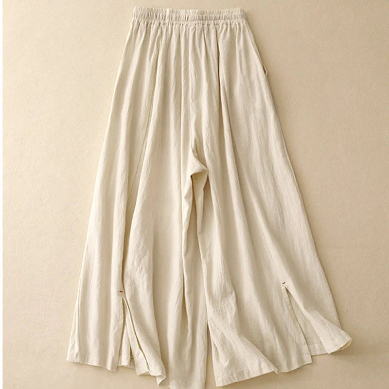 Buddha Stones Casual Simple Design Drawstring Split Cotton Linen Women's Wide Leg Pants With Pockets