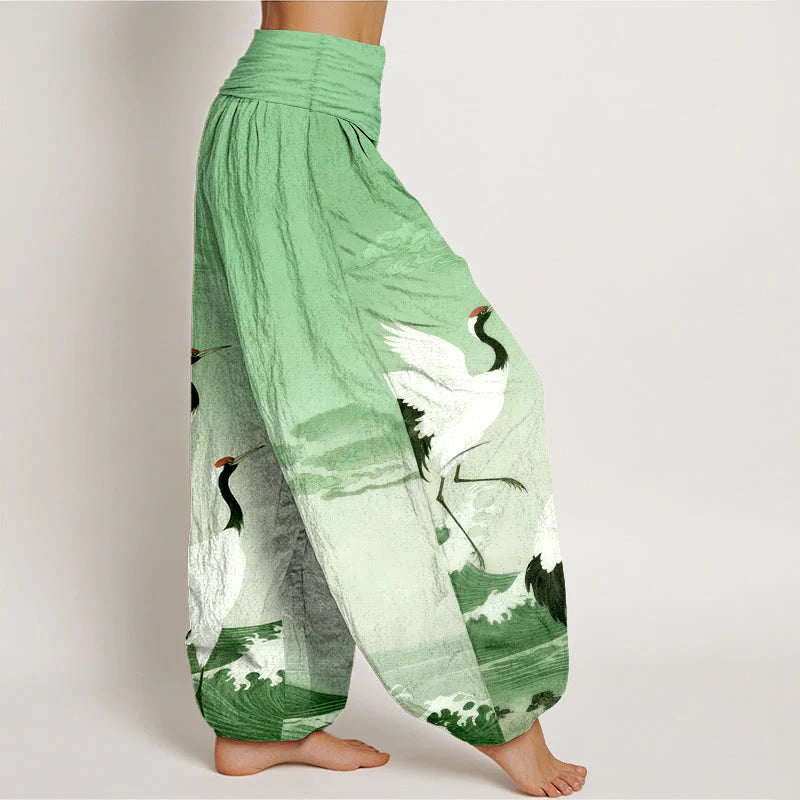 Buddha Stones Pure Cotton Cranes Auspicious Clouds OceanÂ Women's Elastic Waist Harem Pants