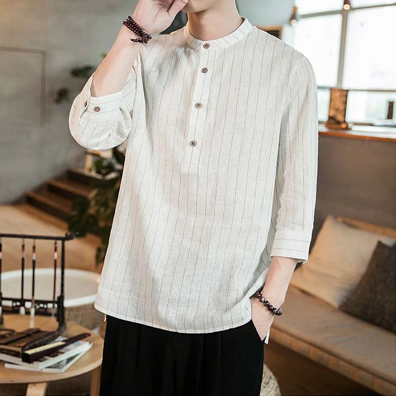 Buddha Stones Plaid Half Buttons Stand Collar Three Quarter Sleeve Cotton Men's Shirt