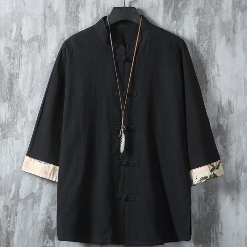 Buddha Stones Summer Frog-button Patchwork Half Sleeve Design Cotton Linen Men's Shirt Jacket