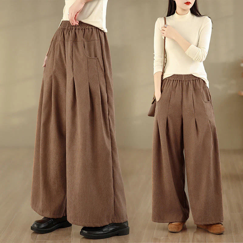 Buddha Stones Spring Plain Brown Corduroy Women's Wide Leg Pants With Pockets