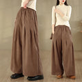 Buddha Stones Spring Plain Brown Corduroy Women's Wide Leg Pants With Pockets