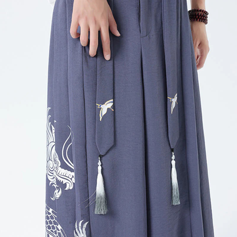 Buddha Stones Summer Dragon Drawstring Design Cotton Ankle-Length Men's Wide Leg Pants With Pockets