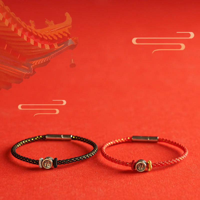 Buddha Stones Braided String 925 Sterling Silver Fu Character Faith Bracelet
