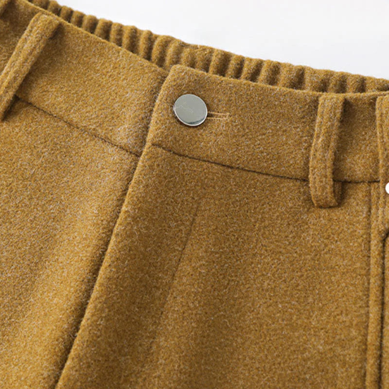 Buddha Stones Plain Button Cotton Thick Wool Women's Wide Leg Pants With Pockets