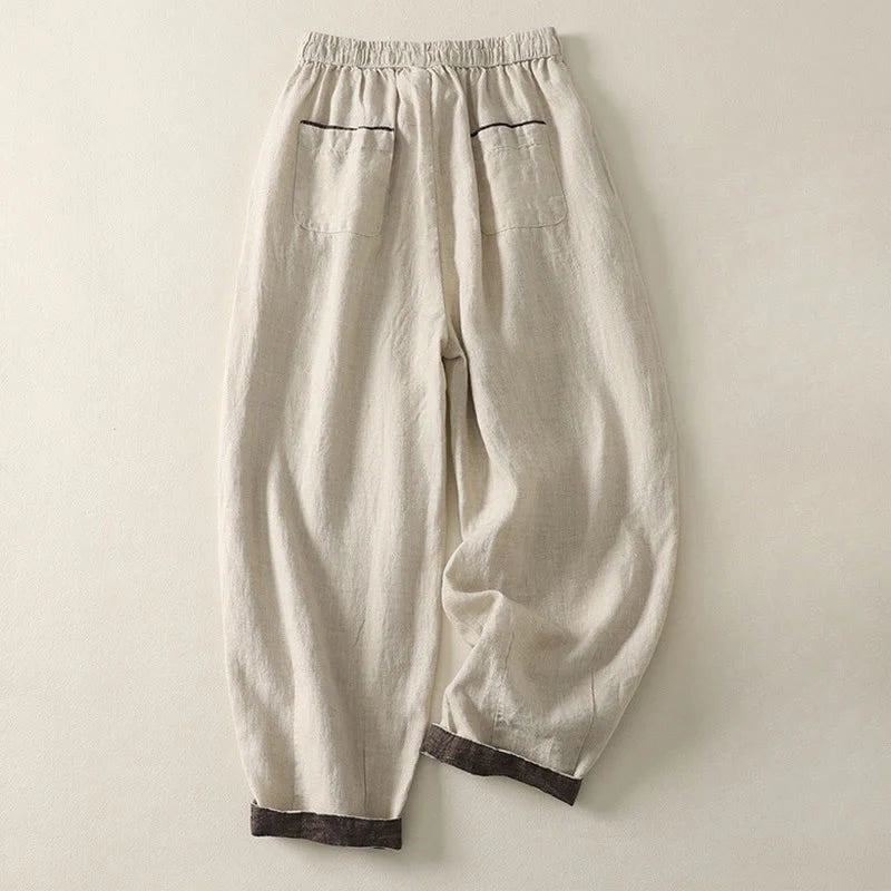 Buddha Stones Summer Casual Pure Color Drawstring 9 Length Cotton Linen Women's Harem Pants With Pockets
