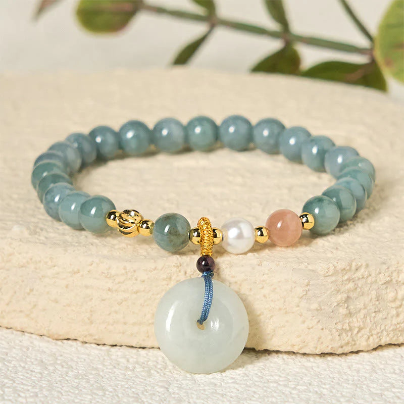 Buddha Stones Peace Buckle Jade Round Beaded Luck Auspicious Bracelet