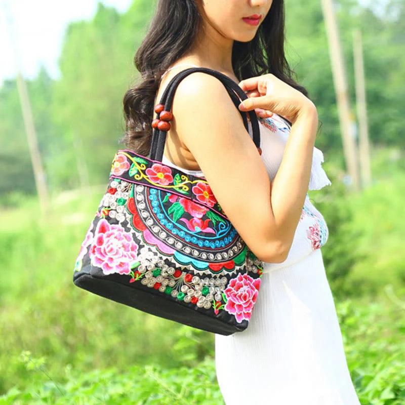 Buddha Stones Money Tree Peony Phoenix Apple Blossom Double-Sided Embroidery Cotton Canvas Shopping Purse Handbag