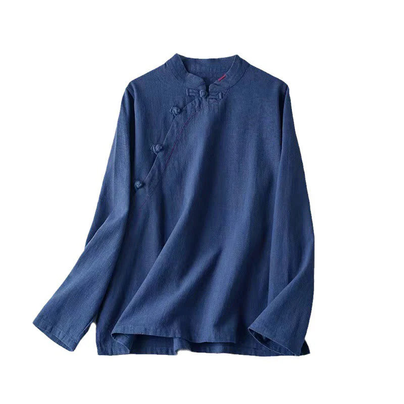 Buddha Stones Oblique Collar Knot button Loose Linen Clothing