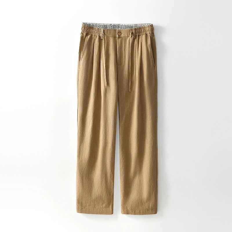 Buddha Stones Fall Solid Drawstring Zipper Men's Linen Wide Leg Pants With Pockets