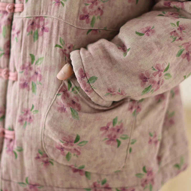 Buddha Stones Women's Long Sleeve Thermal Cotton Printed Florwer Pattern Jacket With Pockets