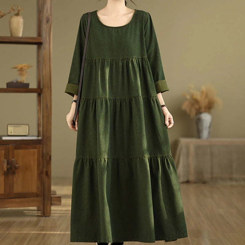 Buddha Stones DarkOliveGreen Patchwork Long Sleeve Design Cotton Women's Maxi Dress With Pockets