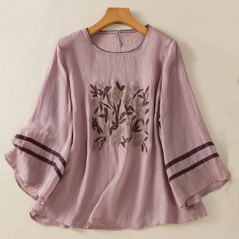 Buddha Stones Retro Embroidery Floral Three Quarter Sleeve Women's Cotton T-Shirt