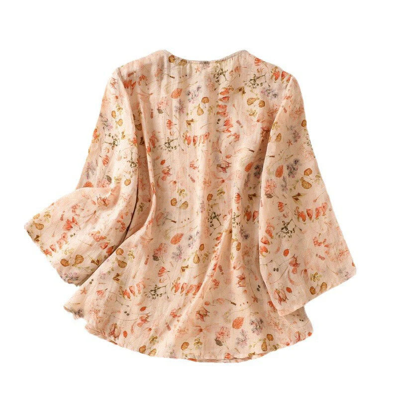 Buddha Stones Summer Casual Printing Frog-Button Design Women's Cotton Linen Long Sleeve Shirt