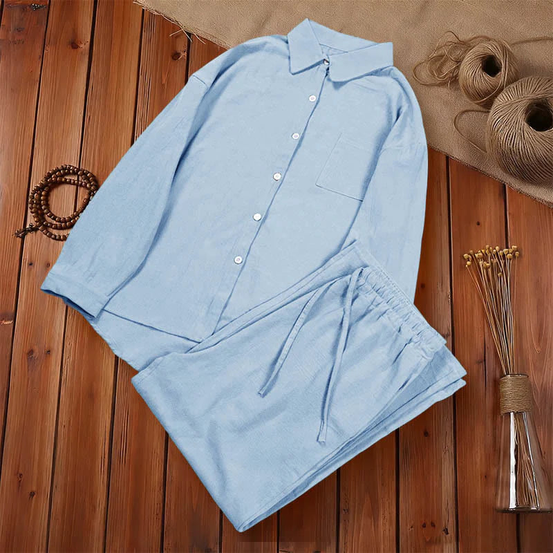 Buddha Stones 2Pcs Long Sleeve Shirt Top With Pockets Drawstring Pants Meditation Cotton Clothing Women's Set
