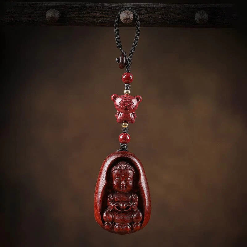 Buddha Stones Small Leaf Red Sandalwood Buddha Cinnabar Chinese Zodiac Amulet Protection Key Chain