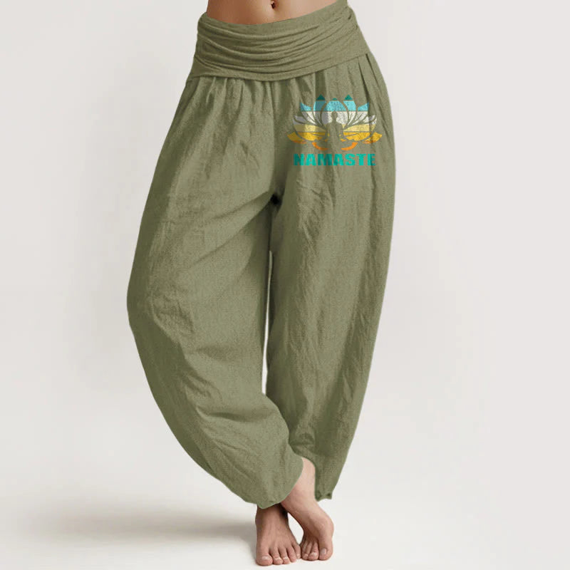 Buddha Stones Namaste Meditating Figure Lotus Pattern Women's Elastic Waist Harem Pure Cotton Pants