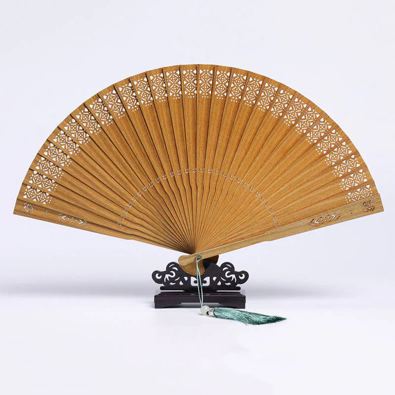 Buddha Stones Auspicious Clouds Crane Peacock Chang'e Moon Engraved Pattern Handheld Green Sandalwood Folding Fan