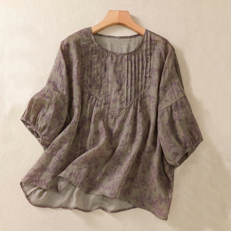Buddha Stones Commute Floral Crew Neck Pleated Design Puff Short Sleeve Women's T-Shirt