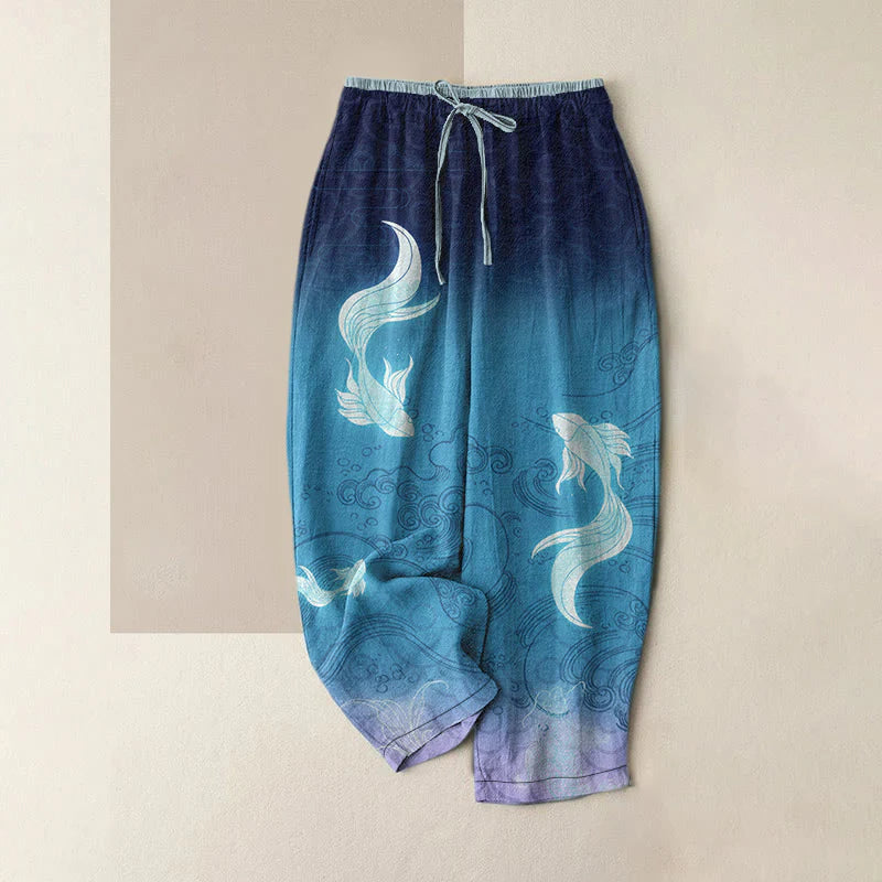 Buddha Stones Pure Cotton Koi Fish Wave Pattern Women's Elastic Waist Pants With Pockets
