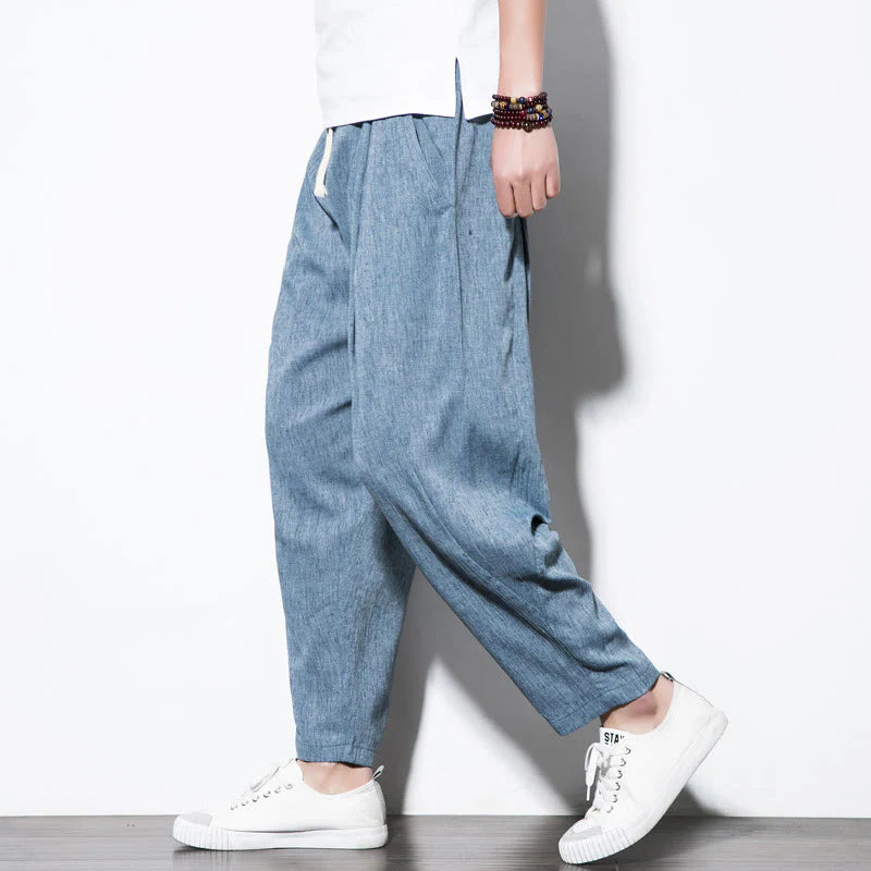 Buddha Stones Casual Plain Pleated Design Drawstring Men's Long Cotton Linen Harem Pants With Pockets