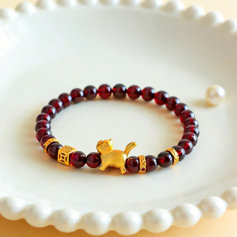 Buddha Stones Cute Lucky Cat Charm Garnet Cinnabar Calm Protection Beaded Bracelet