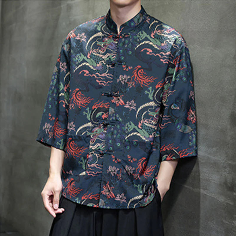 Buddha Stones Spring Frog-Button Dragon Mountain Flower Three Quarter Sleeve Tang Suit Men's Shirt With Pockets